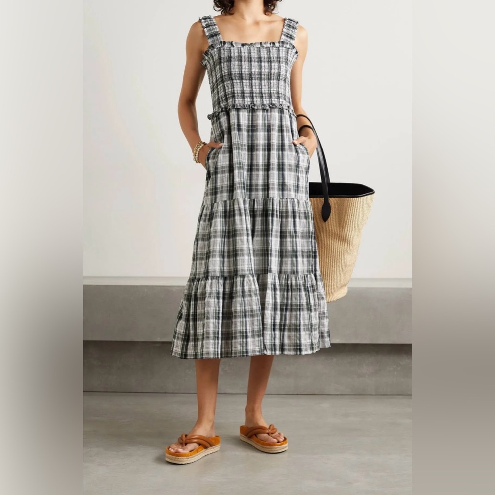 Veronica Beard New Ziada Smocked Plaid Tiered Midi Dress Size 16
